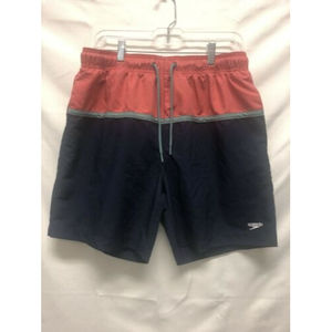 Speedo Men’s Flat Front Swim Shorts Trunks w/ Pockets Blu/Red- Sz L